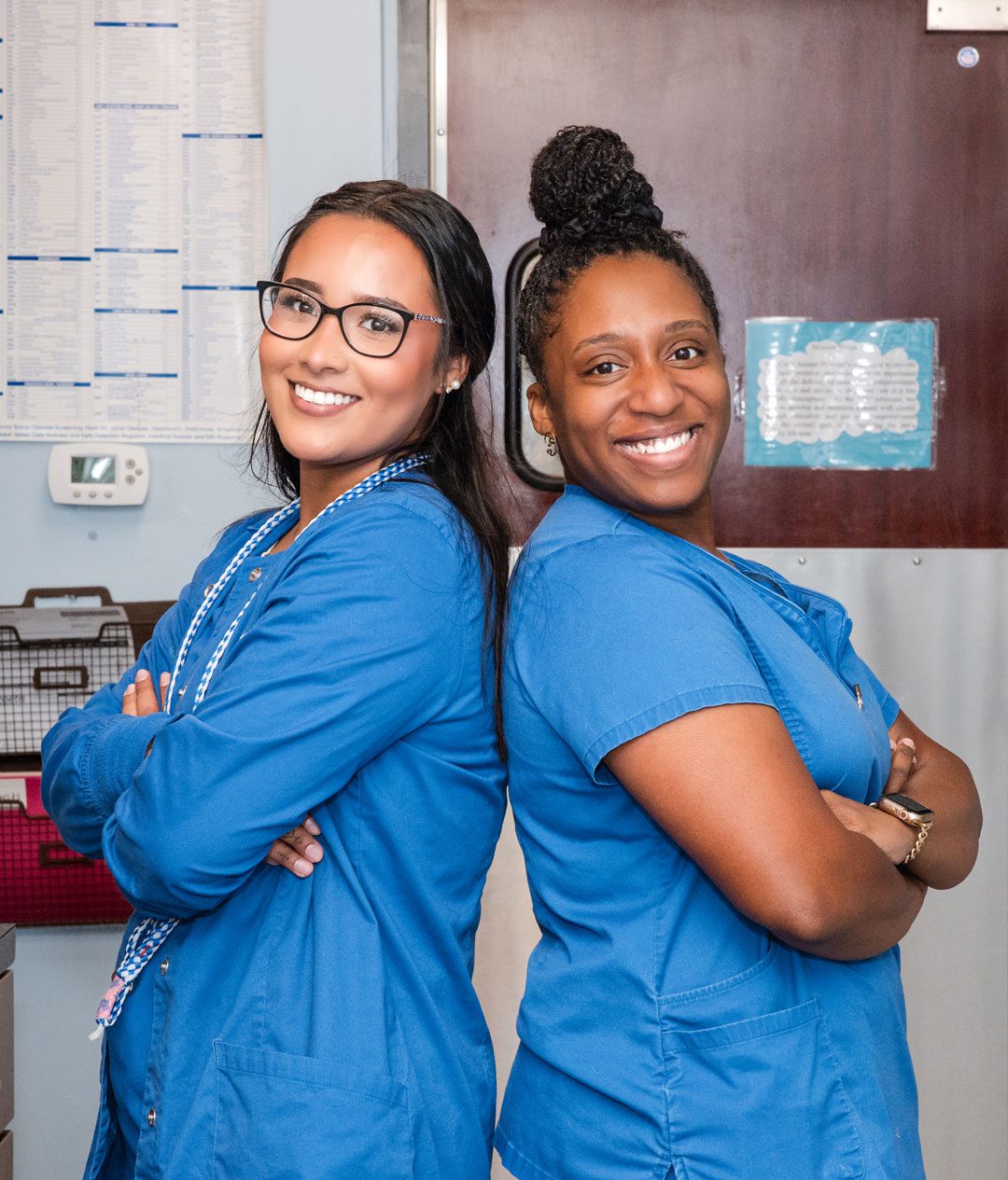 Two Smiling Female Veterinary Technicians
